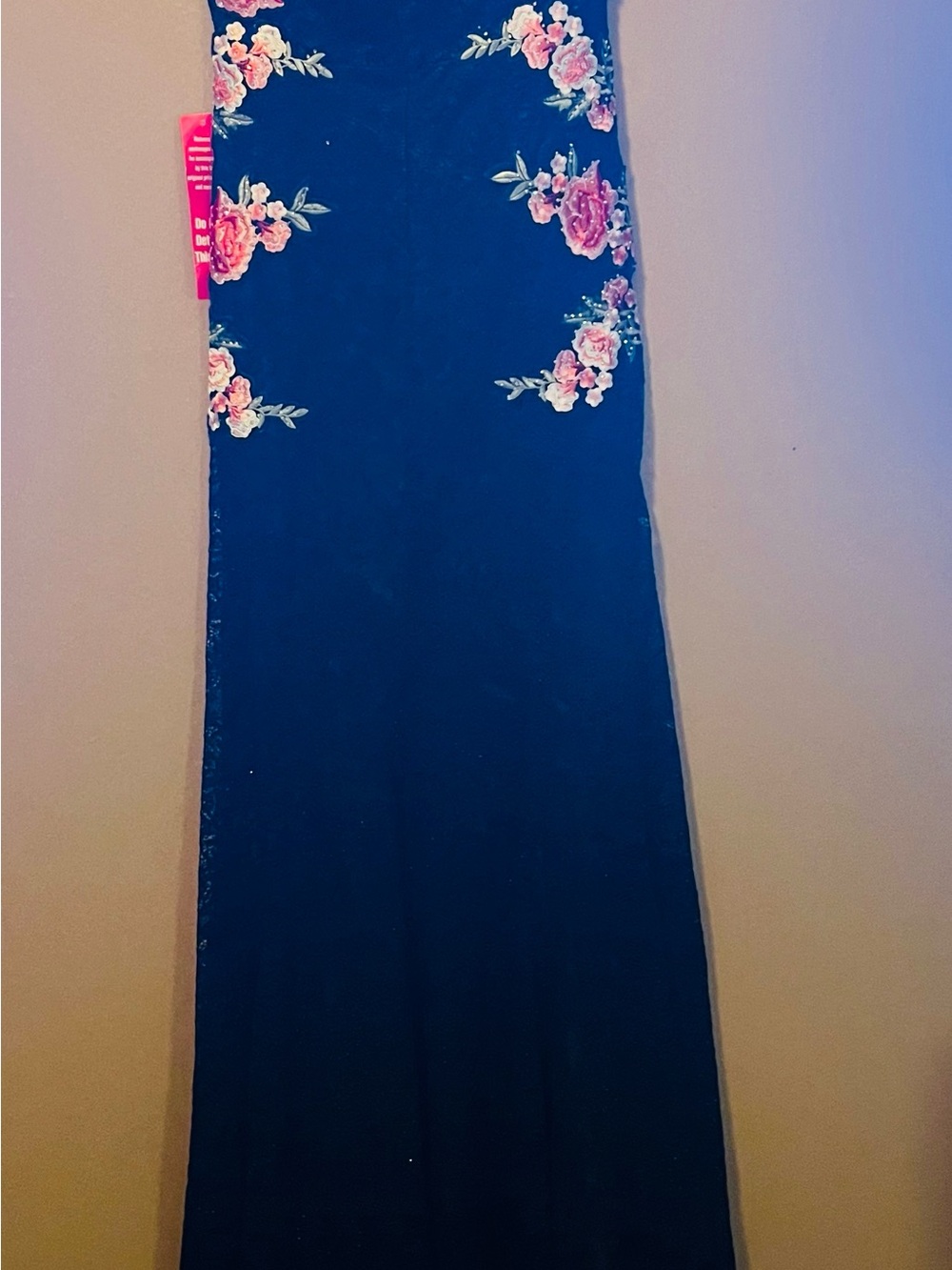 Crystal Doll Black Strapless Gown with Pink Floral Embroidery